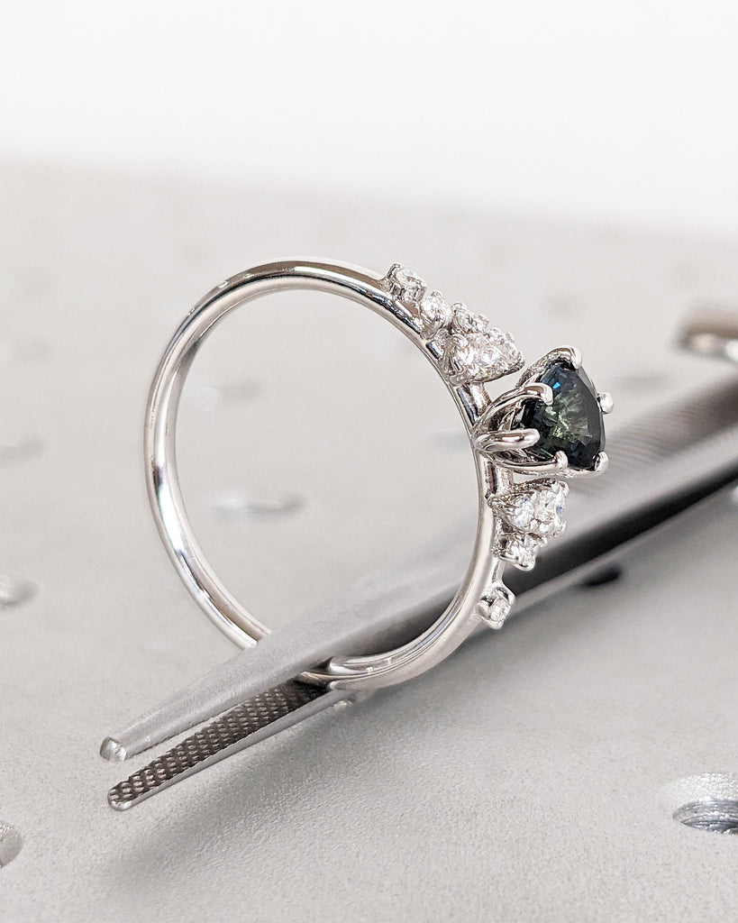 Montana Sapphire Engagement Snowdrift Cluster Ring, Pear Cut Blue Green Teal Peacock Sapphire, Vintage Style Art Deco Bridal Engagement Ring image #7