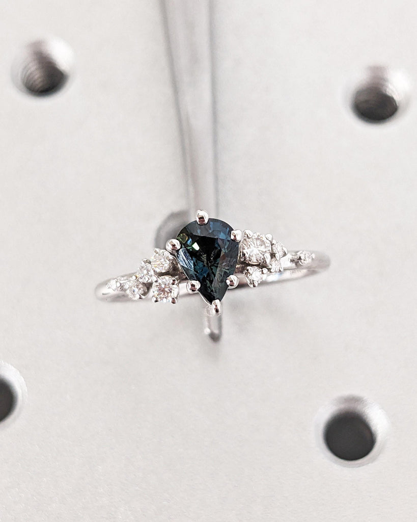 Montana Sapphire Engagement Snowdrift Cluster Ring, Pear Cut Blue Green Teal Peacock Sapphire, Vintage Style Art Deco Bridal Engagement Ring image #8