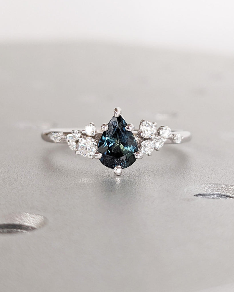 Blue Green Sapphire Ring. Peacock Engagement Ring. Pear Teal Sapphire Ring. 14K White Gold Engagement Ring. Cluster Diamond Ring. Art Deco. image #2