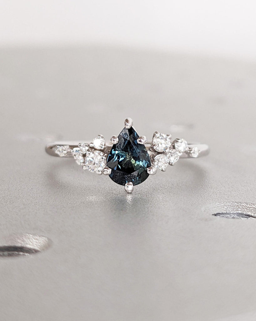 Montana Sapphire Engagement Snowdrift Cluster Ring, Pear Cut Blue Green Teal Peacock Sapphire, Vintage Style Art Deco Bridal Engagement Ring