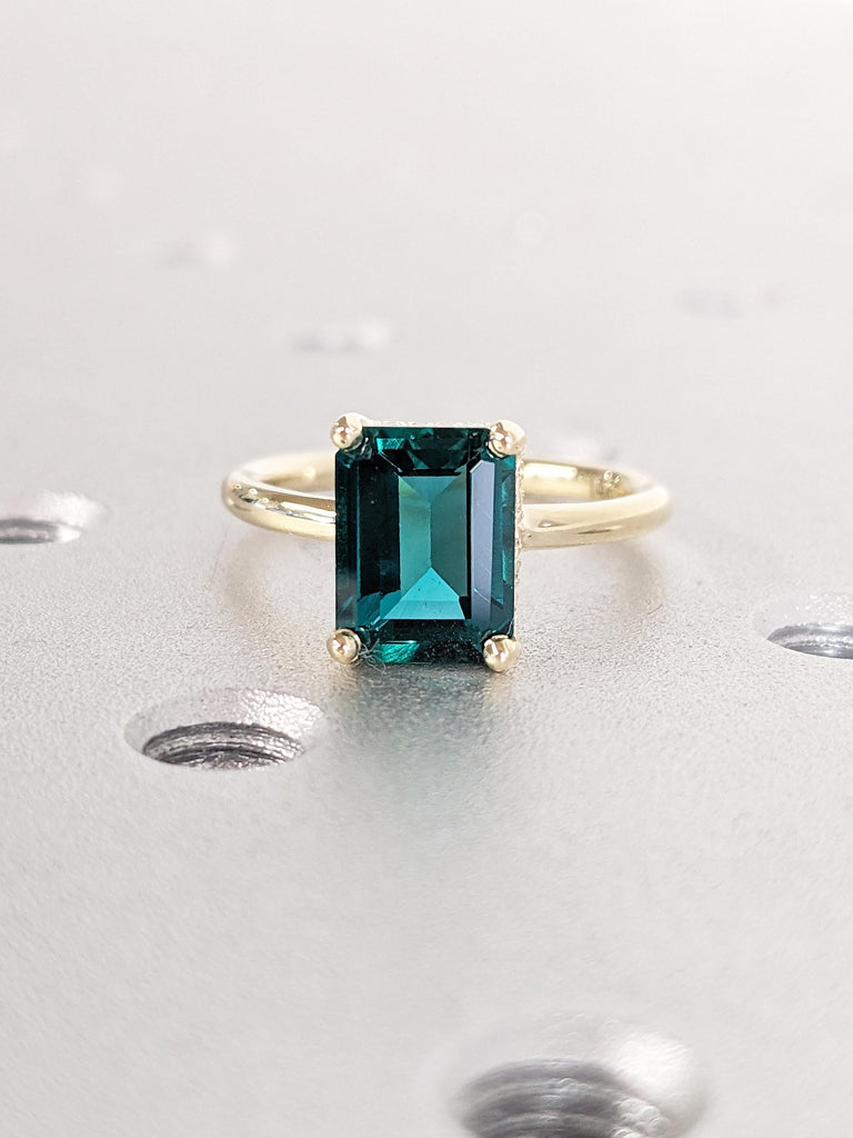 Emerald Cut Lab Grown Emerald Promise Ring, 14k Yellow Gold Hidden Halo Ring, Green Emerald Wedding Ring, Statement Ring, Gift for Wife