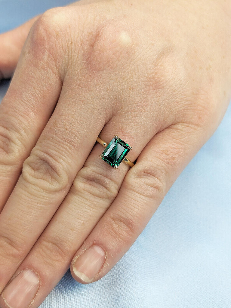 Emerald Cut Lab Grown Emerald Promise Ring, 14k Yellow Gold Hidden Halo Ring, Green Emerald Wedding Ring, Statement Ring, Gift for Wife