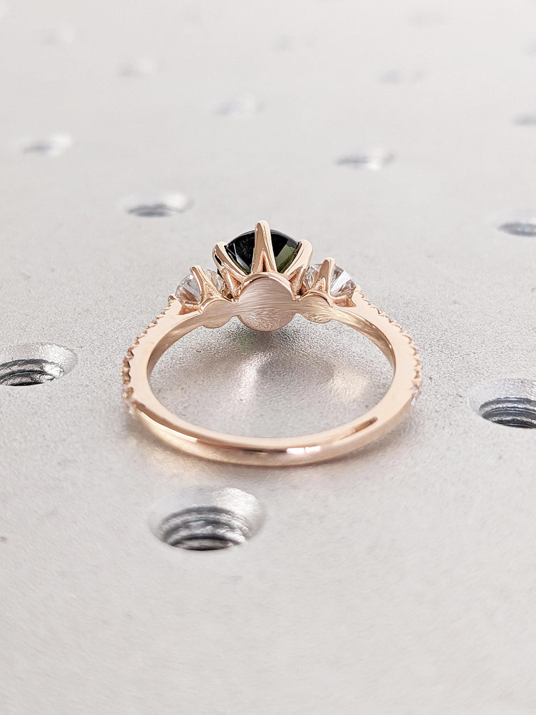 Round Tourmaline Ring, 14k Rose Gold Engagement Ring, Vintage Green Tourmaline Ring, Art Deco Three Stone Ring, Anniversary Gift for Wife image #3