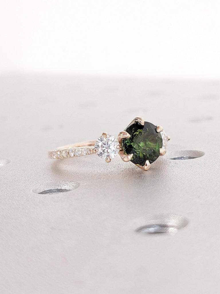 Round Tourmaline Ring, 14k Rose Gold Engagement Ring, Vintage Green Tourmaline Ring, Art Deco Three Stone Ring, Anniversary Gift for Wife image #2