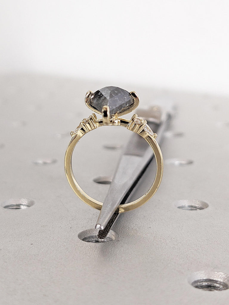 Kite Cut Salt and Pepper Diamond Ring, Art Deco 14k Yellow Gold Engagement Ring, Round and Pear Diamond Cluster Ring, Unique Statement Ring