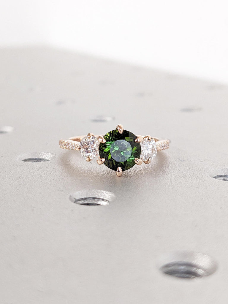 Round Tourmaline Ring, 14k Rose Gold Engagement Ring, Vintage Green Tourmaline Ring, Art Deco Three Stone Ring, Anniversary Gift for Wife