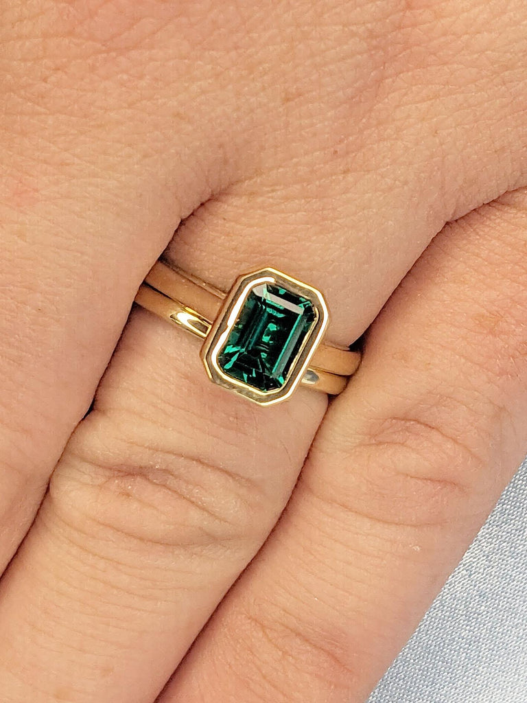 Emerald cut Lab Created Emerald Engagement Ring Set | Solid Gold Stacking Rings for Women | Solitaire Promise Ring for Her | Plain Gold Band