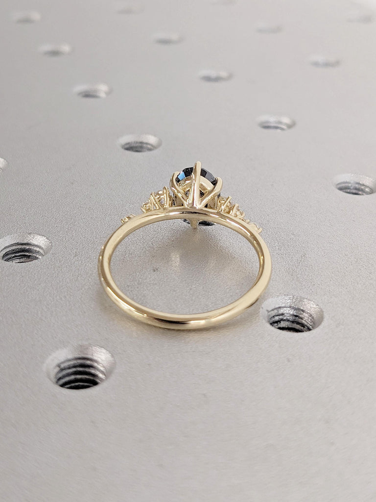 14k 18k Gold Wedding Ring for Her | Unique Salt and Pepper Black Diamond, Oval cut | Art Deco Promise Anniversary Ring | Lab Diamond Cluster