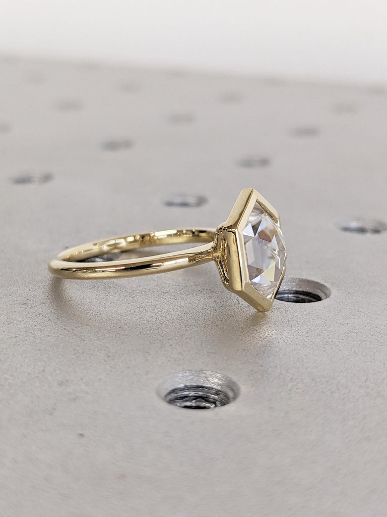 Hexagon Cut Lab Grown Diamond Ring, 14K Yellow Gold Bezel Set Ring, Solitaire Engagement Ring, Unique Promise Ring for Her, Anniversary Gift