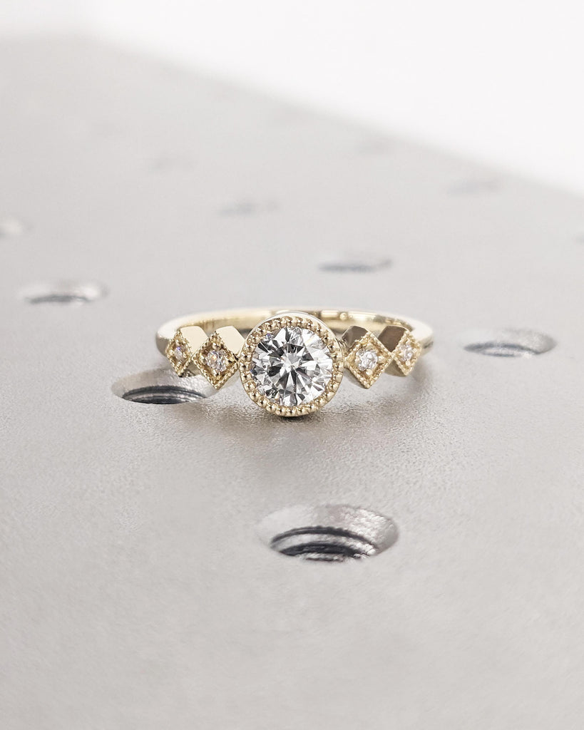 Milgrain 14k Yellow Gold Wedding Rings for Women, Bezel Set Lab Diamond Anniversary Ring, Art Deco Diamond Promise Ring for Her, Bridal Gift
