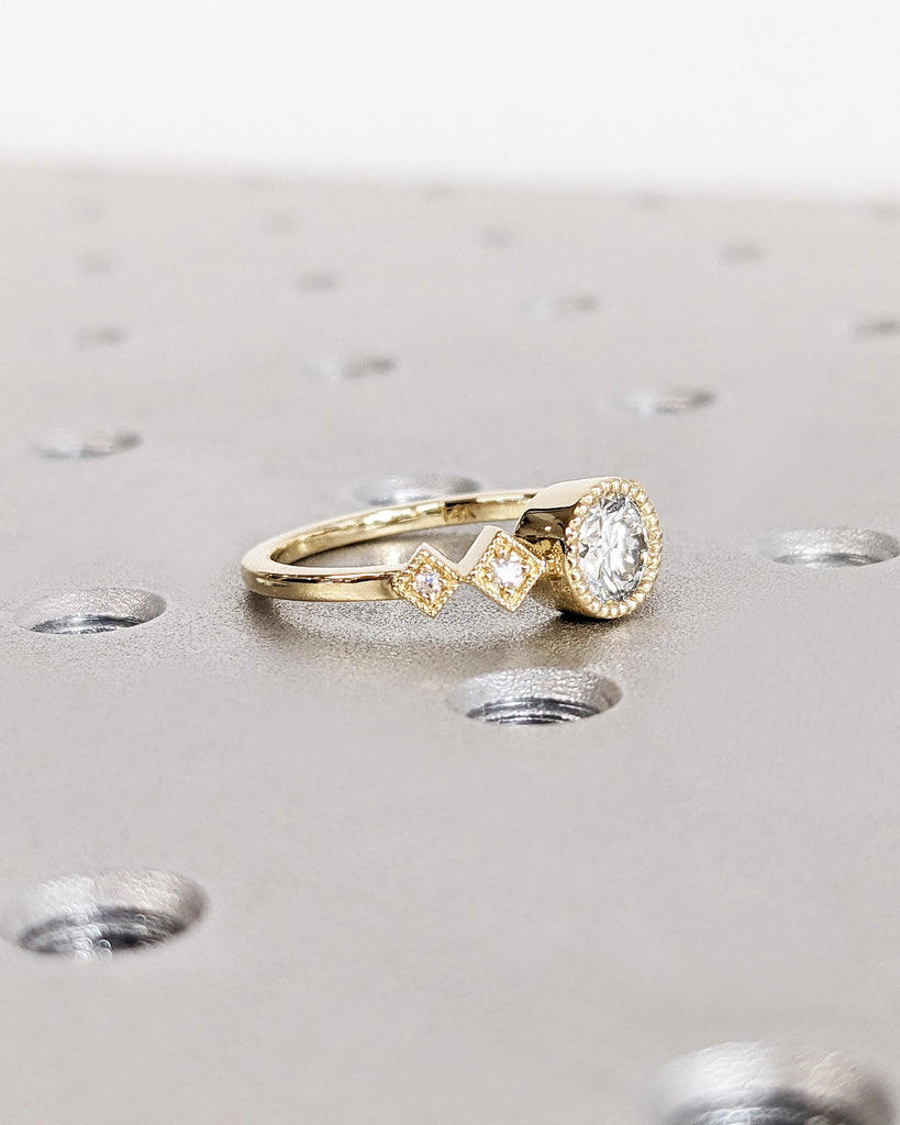 Vintage Wedding Ring - 5MM Round Lab Grown Diamond Ring - Five Stone Bezel Set Ring - 14K Yellow Gold - Alternative Engagement Ring for Wife