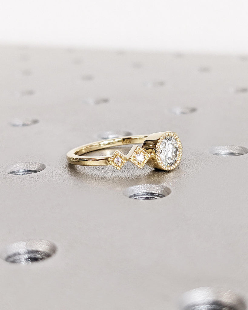 Milgrain 14k Yellow Gold Wedding Rings for Women, Bezel Set Lab Diamond Anniversary Ring, Art Deco Diamond Promise Ring for Her, Bridal Gift