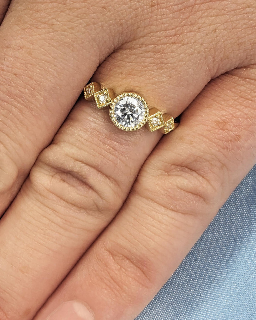Milgrain 14k Yellow Gold Wedding Rings for Women, Bezel Set Lab Diamond Anniversary Ring, Art Deco Diamond Promise Ring for Her, Bridal Gift