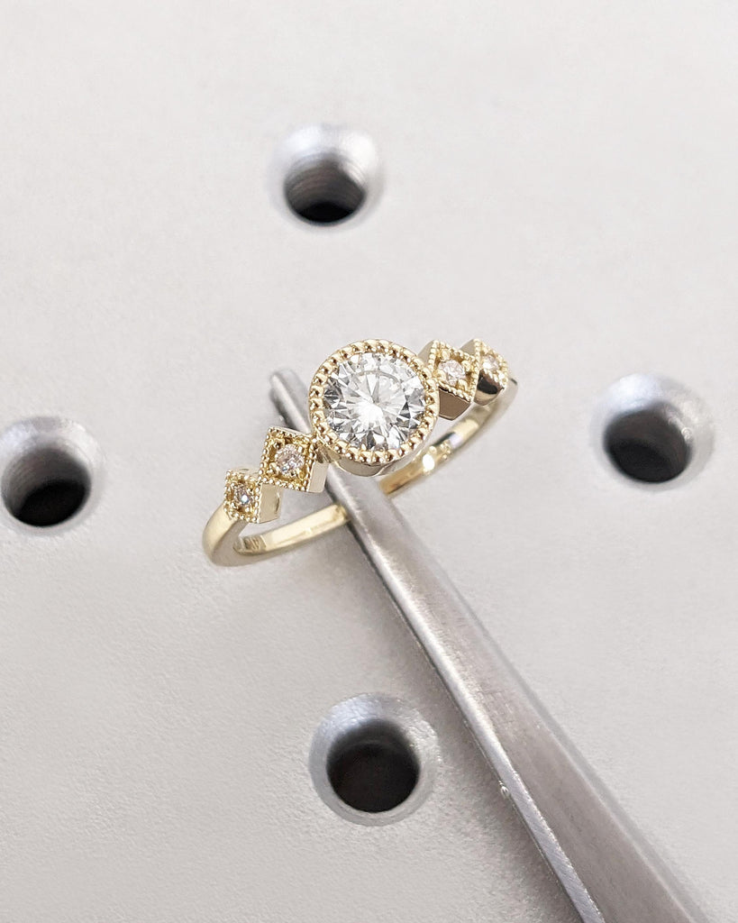 Milgrain 14k Yellow Gold Wedding Rings for Women, Bezel Set Lab Diamond Anniversary Ring, Art Deco Diamond Promise Ring for Her, Bridal Gift