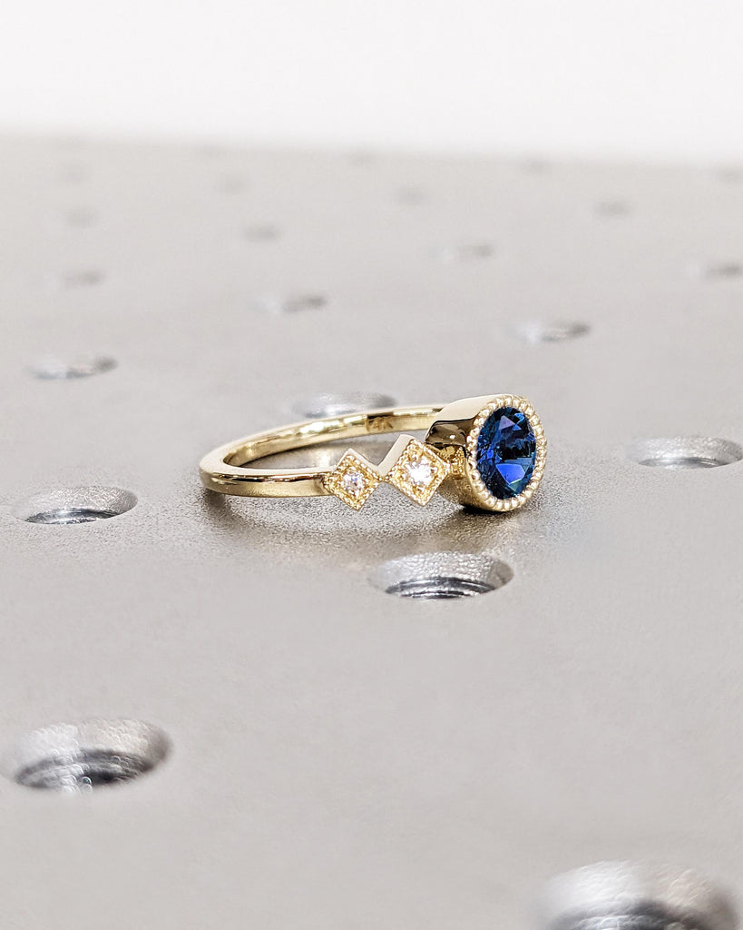 Art Deco 14K Yellow Gold Blue Sapphire Ring, Vintage 5mm Round Lab Sapphire Ring, Bezel Set Anniversary Ring, Unique Birthday Gift for Wife
