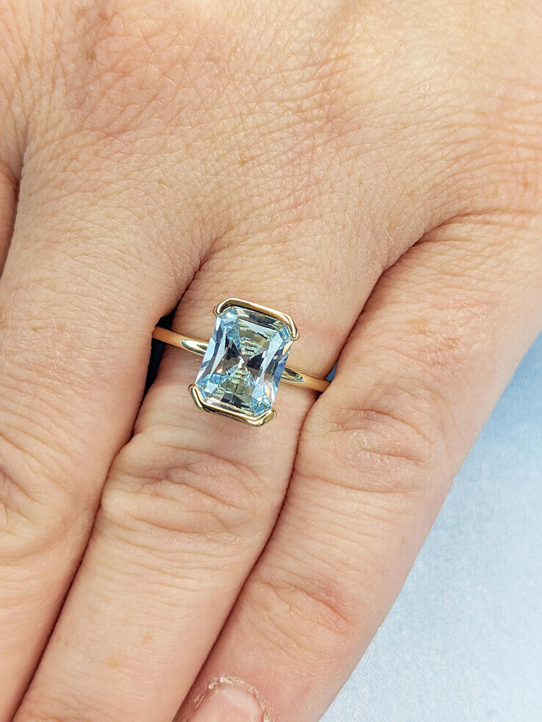 Radiant Cut Lab Aquamarine Engagement Ring, 14k Yellow Gold Floating Bezel Ring, Blue Aquamarine Ring, Statement Ring, Unique Gift for Her