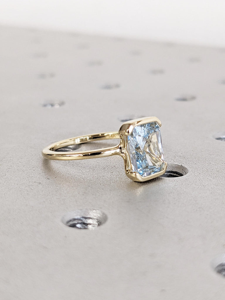 Radiant Cut Lab Aquamarine Engagement Ring, 14k Yellow Gold Floating Bezel Ring, Blue Aquamarine Ring, Statement Ring, Unique Gift for Her