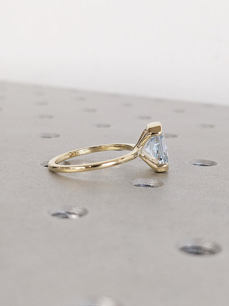 Radiant Cut Lab Aquamarine Engagement Ring, 14k Yellow Gold Floating Bezel Ring, Blue Aquamarine Ring, Statement Ring, Unique Gift for Her