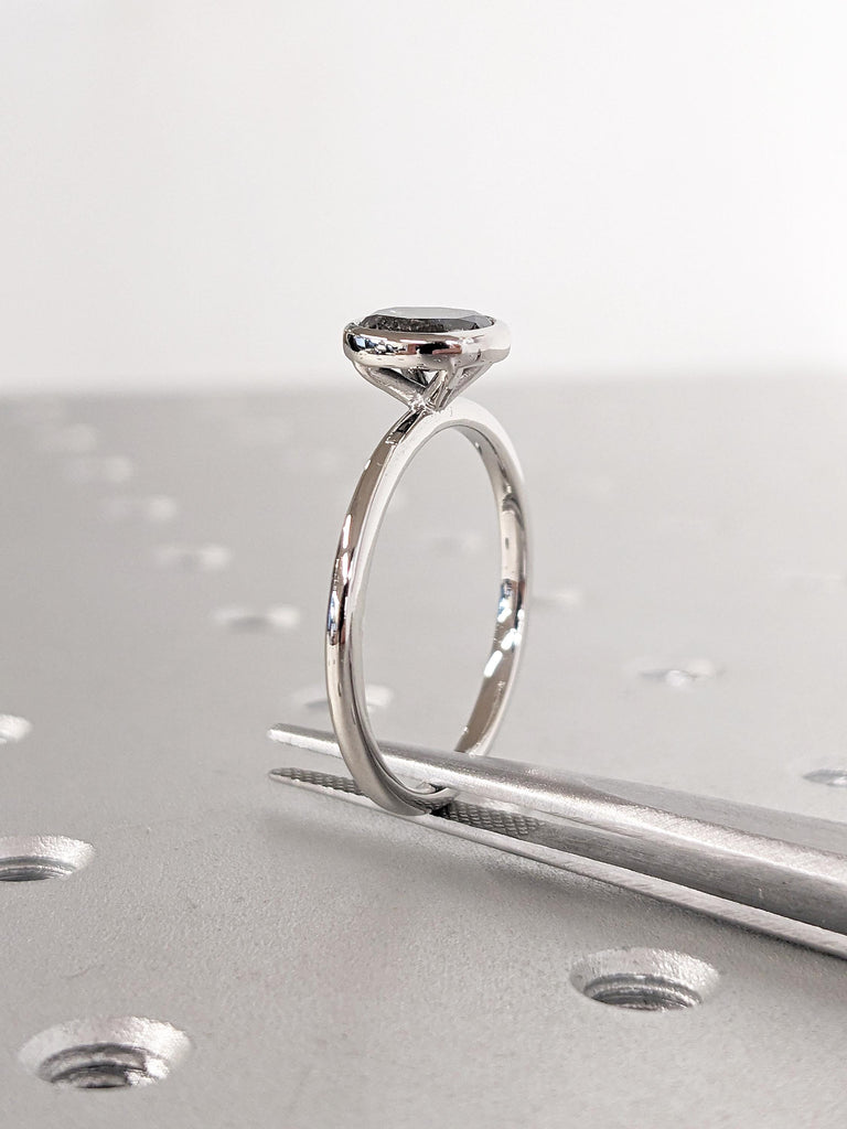 Oval Cut Salt and Pepper Diamond Solitaire Ring, Platinum Engagement Ring, Unique Bezel Set Ring, Diamond Anniversary Ring, Gift for Wife