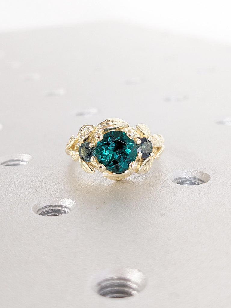 Nature Inspired Lab Emerald Engagement Ring, Vintage 14k Yellow Gold Leaf Ring, Art Deco Statement Ring, Peacock Sapphire Ring, Bridal Gift