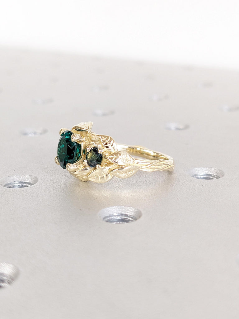 Nature Inspired Lab Emerald Engagement Ring, Vintage 14k Yellow Gold Leaf Ring, Art Deco Statement Ring, Peacock Sapphire Ring, Bridal Gift