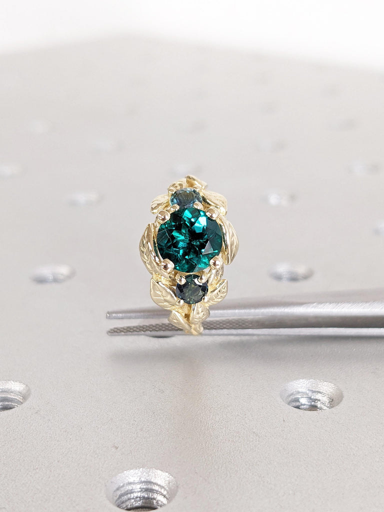 Nature Inspired Lab Emerald Engagement Ring, Vintage 14k Yellow Gold Leaf Ring, Art Deco Statement Ring, Peacock Sapphire Ring, Bridal Gift