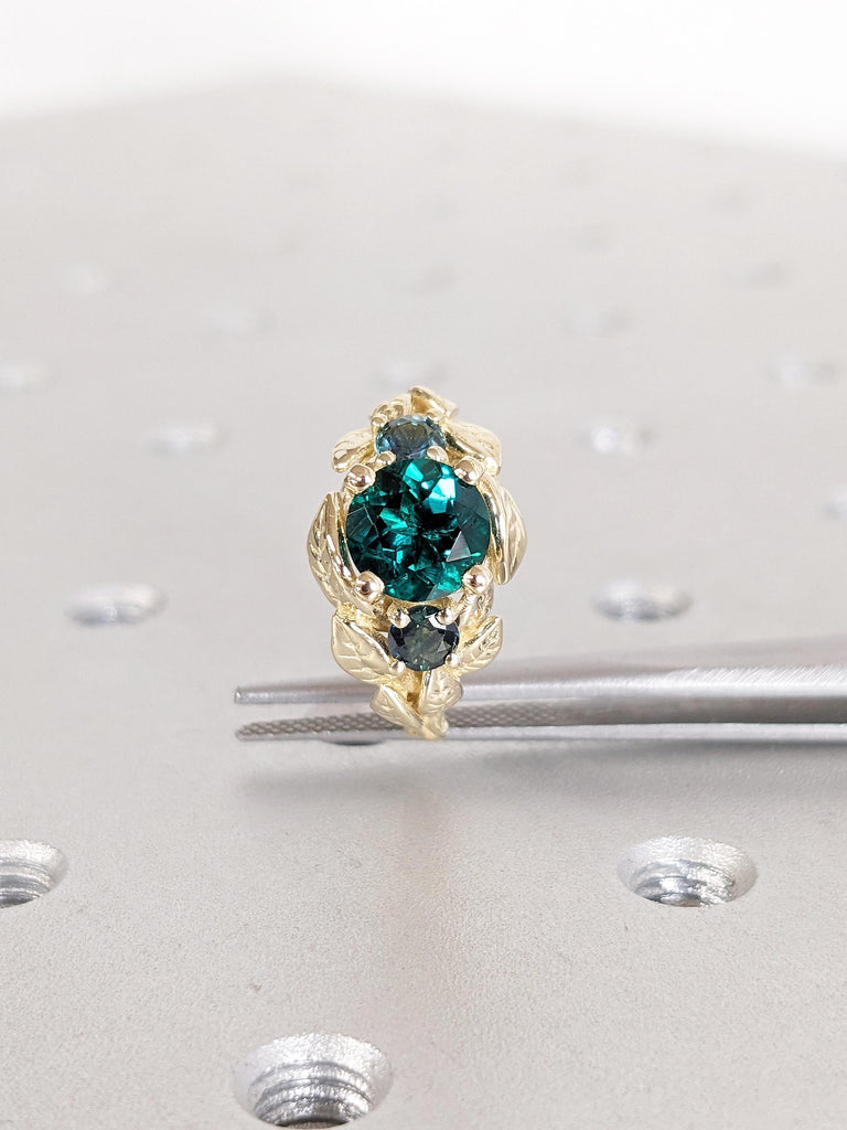 Vintage 14k Yellow Gold Leaf Ring, Art Deco Lab Emerald Engagement Ring, Nature Inspired Emerald Anniversary Rings, Peacock Sapphire Ring