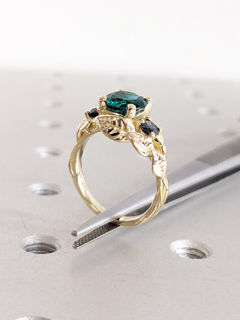 Nature Inspired Lab Emerald Engagement Ring, Vintage 14k Yellow Gold Leaf Ring, Art Deco Statement Ring, Peacock Sapphire Ring, Bridal Gift