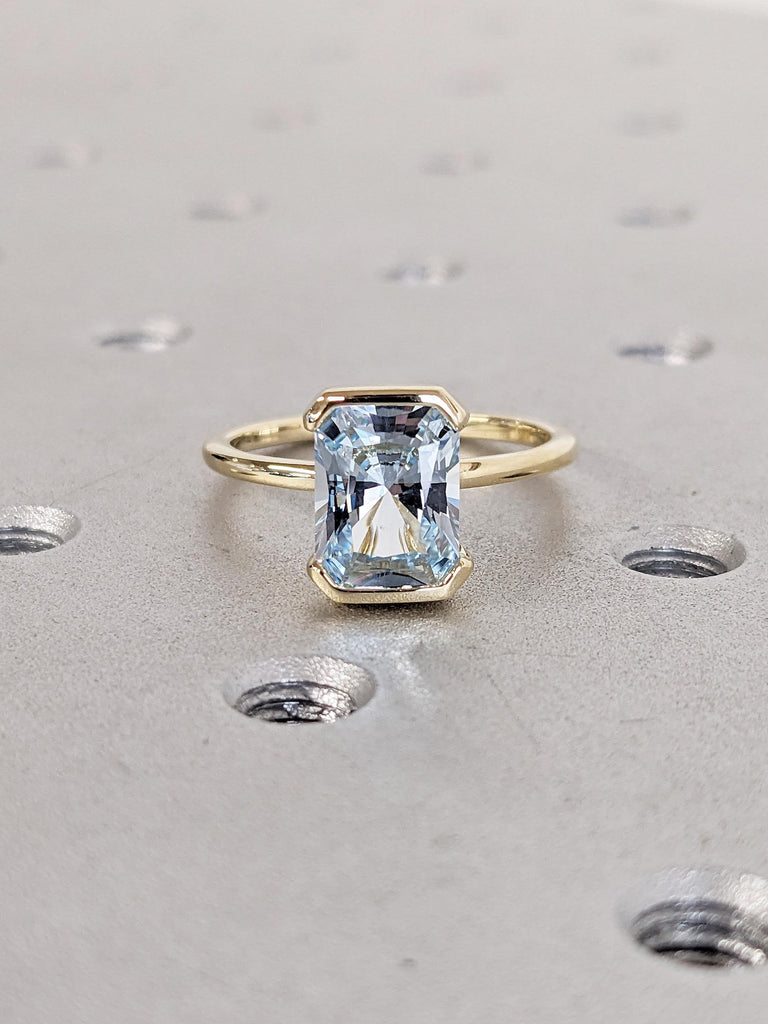 Radiant Cut Lab Aquamarine Engagement Ring, 14k Yellow Gold Floating Bezel Ring, Blue Aquamarine Ring, Statement Ring, Unique Gift for Her