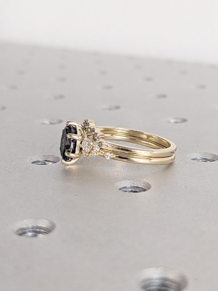 Art Deco Salt and Pepper Diamond Engagement Ring Set Gift for Her | Yellow Gold Unique Lab Diamond Stacking Ring | Dainty Wedding Ring