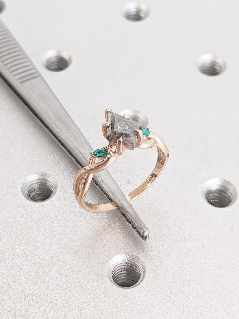 Kite Cut Salt and Pepper Diamond Ring, Art Deco 14k Rose Gold Wedding Ring, Twig Engagement Ring, Lab Emerald Promise Ring, Gift for Women