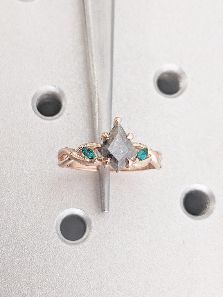 Kite Cut Salt and Pepper Diamond Ring, Art Deco 14k Rose Gold Wedding Ring, Twig Engagement Ring, Lab Emerald Promise Ring, Gift for Women