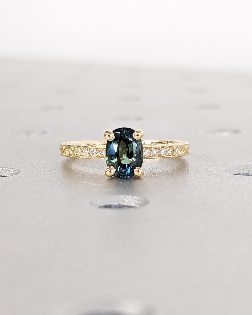 One of a Kind Montana Sapphire Ring, Blue Sapphire Diamond Cluster Ring, Vintage Inspired Blue Sapphire Engagement Ring, 18K Gold Green Teal