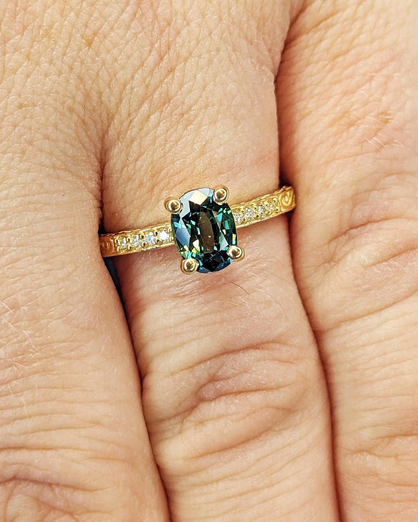 One of a Kind Montana Sapphire Ring, Blue Sapphire Diamond Cluster Ring, Vintage Inspired Blue Sapphire Engagement Ring, 18K Gold Green Teal