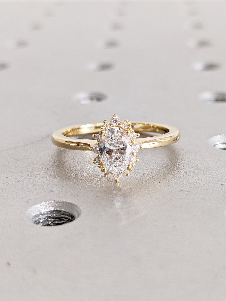 Oval Moissanite Engagement Ring, 18k Yellow Gold Nature Inspired Ring, Moissanite and Diamond Halo Ring, Art Deco Promise Rings for Women