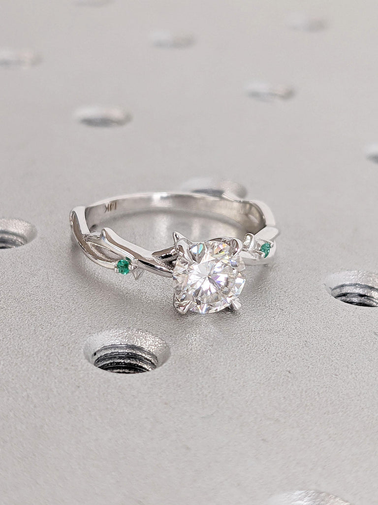 Moissanite and Emerald Nature Inspired Engagement Ring | 14K 18K White Gold Rings for Women | Dainty Promise Ring | Twig Branch Ring