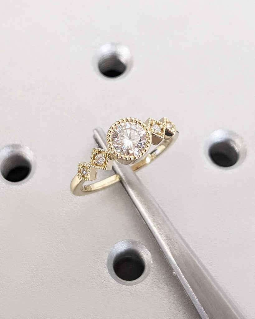 5mm Moissanite Engagement Ring, Milgrain 14K Yellow Gold Wedding Band, Round Moissanite Ring, Unique Proposal Ring, Wedding Anniversary Gift