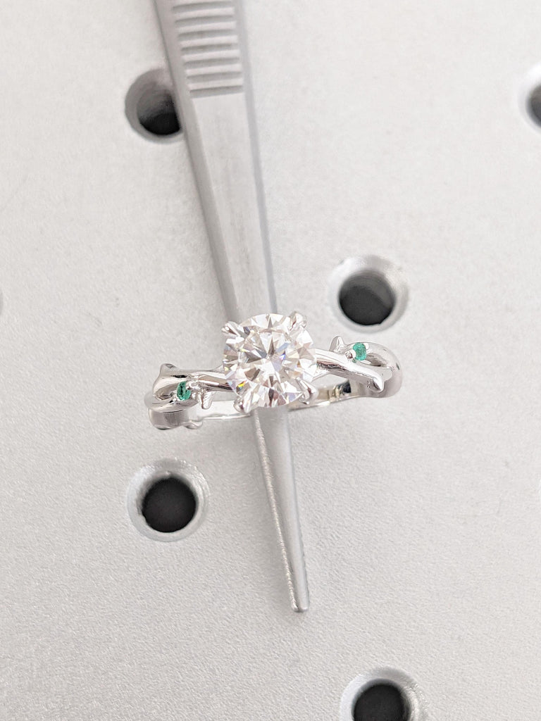 Moissanite and Emerald Nature Inspired Engagement Ring |  14K 18K Yellow Gold Rings for Women | Dainty Promise Ring | Twig Branch Ring