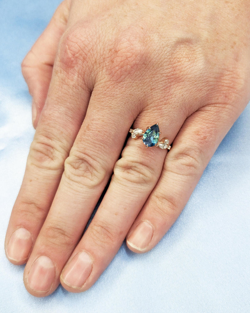 Nature Leaf Twig Flower Ring, Pear Sapphire Engagement Ring, Peacock Green Blue Sapphire, Leaf Shape Diamond Accents, Rose Gold Ring For Her