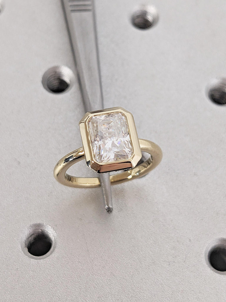 Radiant Cut Lab Grown Diamond Engagement Ring | Dainty 14K Yellow Gold Solitaire Ring | Hidden Halo Anniversary Ring | Unique Gift for Wife