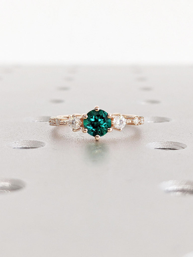 Round Cut Green Emerald Ring / Lab Emerald Engagement Ring / Dainty Emerald Ring / 14K Rose Gold Floating Diamond Promise Ring / Anniversary