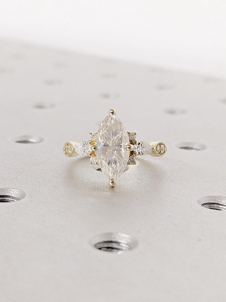 Pear and Round Diamond Cluster Ring | Solid Yellow Gold Engagement Rings for Women | Simulated Diamond Marquise cut | Lab Grown Diamond Ring