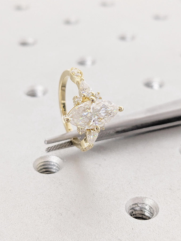 Pear and Round Diamond Cluster Ring | Solid Yellow Gold Engagement Rings for Women | Simulated Diamond Marquise cut