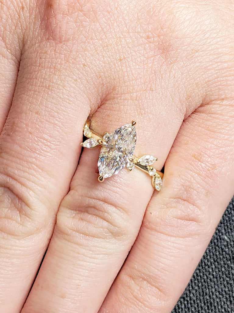 Marquise Moissanite and Diamond Engagement Ring | 1.5ct VVS Moissanite Anniversary Ring | Unique Proposal Ring for Her | Claw Prong Setting Ring Gift