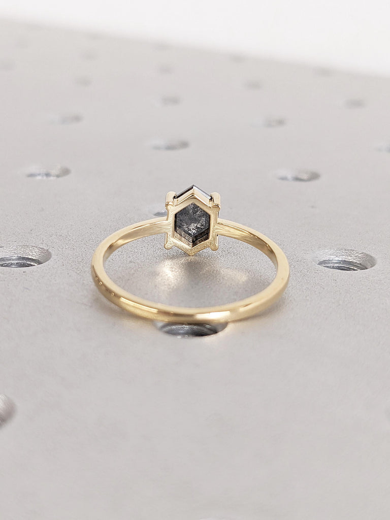 Hexagon Cut Salt and Pepper Engagement Ring, 18K Yellow Gold Diamond Ring, Solitaire Ring, Wedding Rings for Women, Birthday Gift for Her