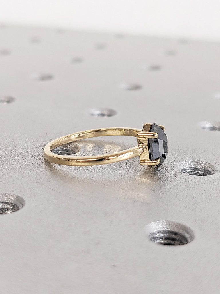 Salt and Pepper Diamond Engagement Ring, Hexagon 18K Yellow Gold Anniversary Ring, Promise Ring for Her, Diamond Wedding Ring, Gift for Wife