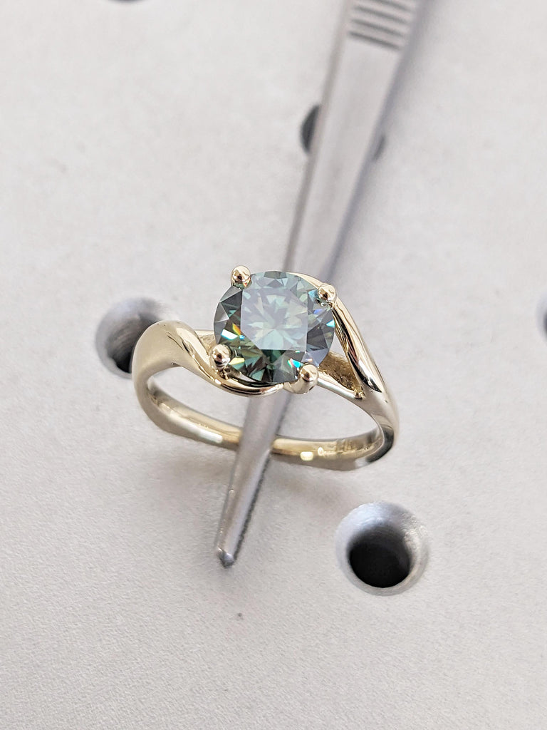 14k Yellow Gold Green Moissanite Engagement Ring, Round Cut Solitaire Moissanite Ring, Unique Twist Euro Shank Ring, Promise Rings for Women