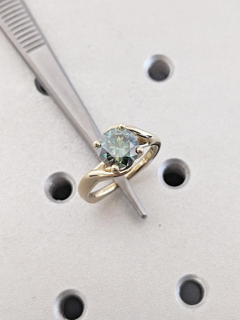 14k Yellow Gold Green Moissanite Engagement Ring, Round Cut Solitaire Moissanite Ring, Unique Twist Euro Shank Ring, Promise Rings for Women