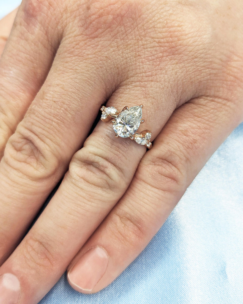 Tear Drop Moissanite Ring | 14k Gold Engagement Ring for Her | Art Nouveau Promise Ring | VVS Moissanite Multi Stone Ring | Handmade Ring