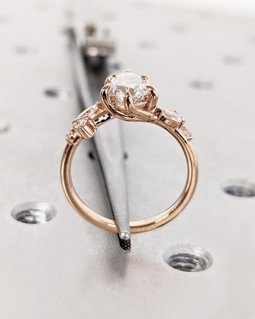 Pear Moissanite Nature Engagement Ring / Diamond Accent Leaves on Twig Ring / Dainty Leaf Ring / 14K Rose Gold / Unique Promise Ring For Her